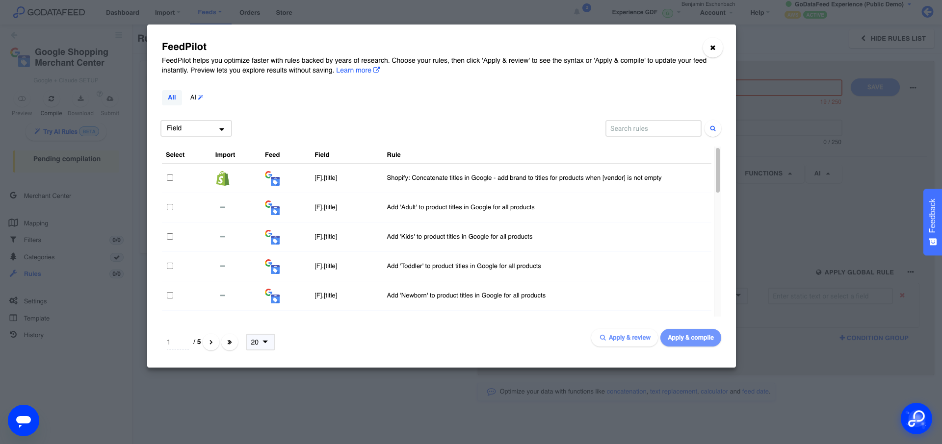 FeedPilot library of preset optimization rules
