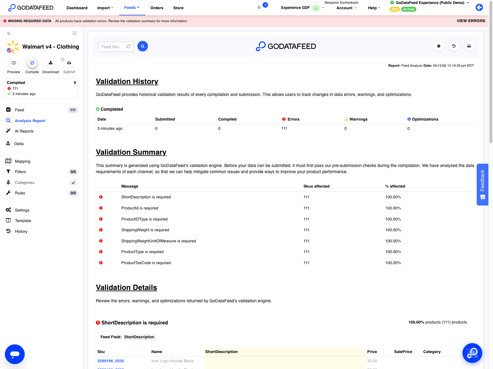 GoDataFeed validation summary and analysis report