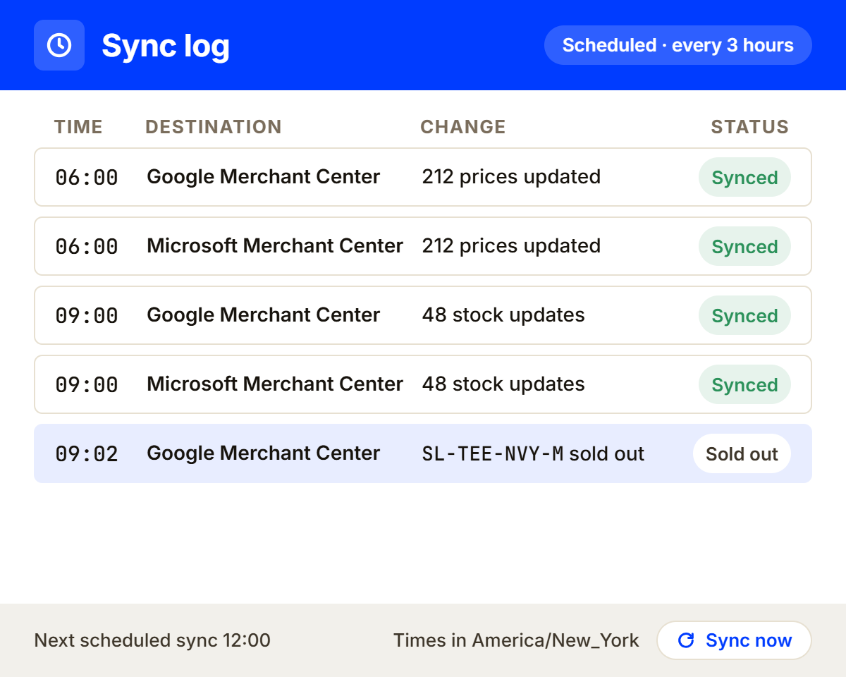 Sync log of scheduled price and stock updates to Google and Microsoft Merchant Center, including a sold-out SKU set to out of stock.