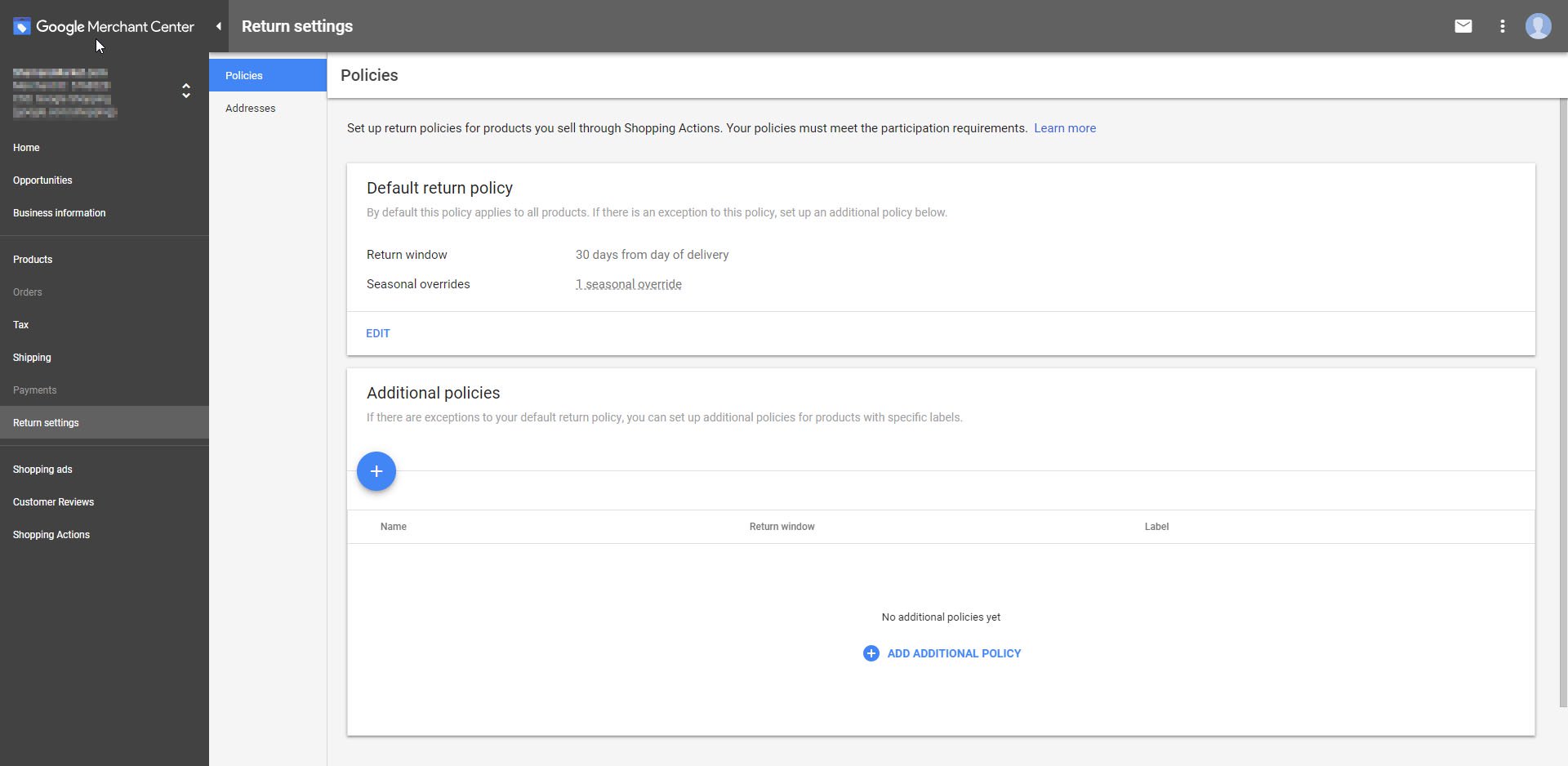 google shopping actions merchant center return policy