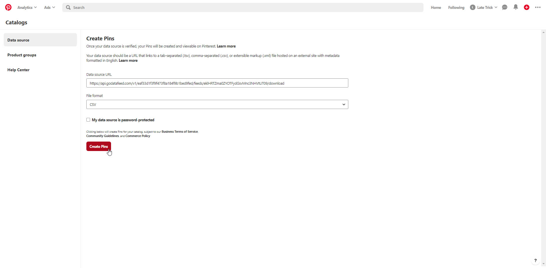 pinterest shopping ads product catalog data source url