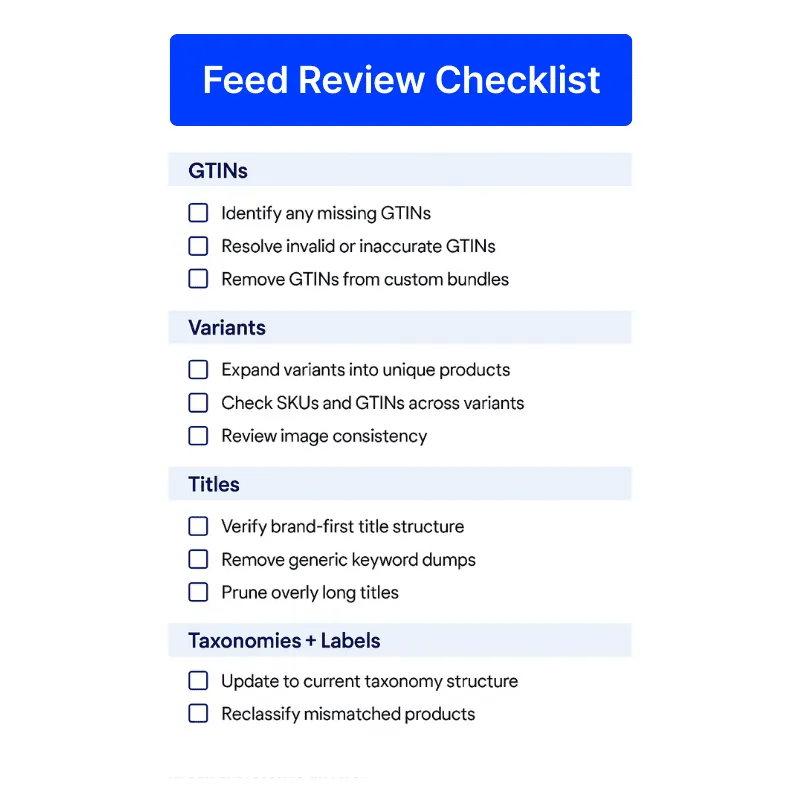 Use this product feed review checklist to fix GTINs, variants, titles, and taxonomies for better Shopping performance.