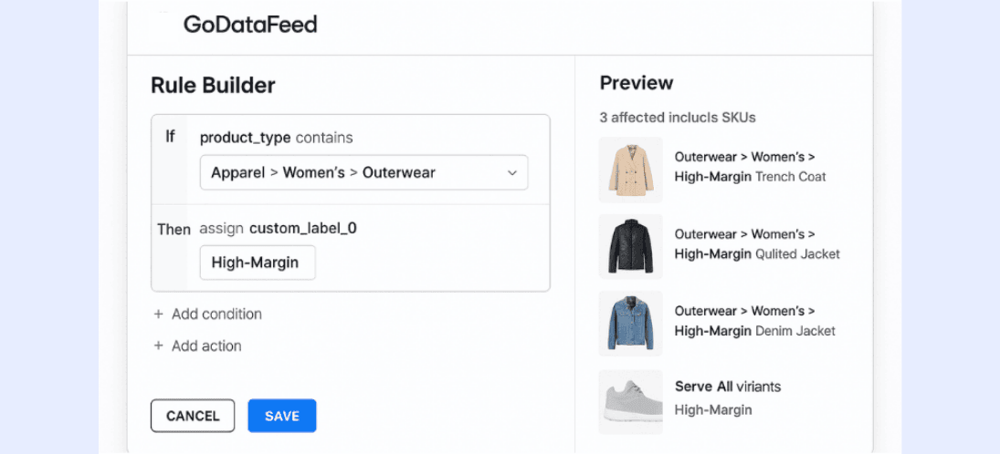 Use GoDataFeed’s Rule Builder to assign custom labels like High-Margin and preview SKU impact instantly before publishing.