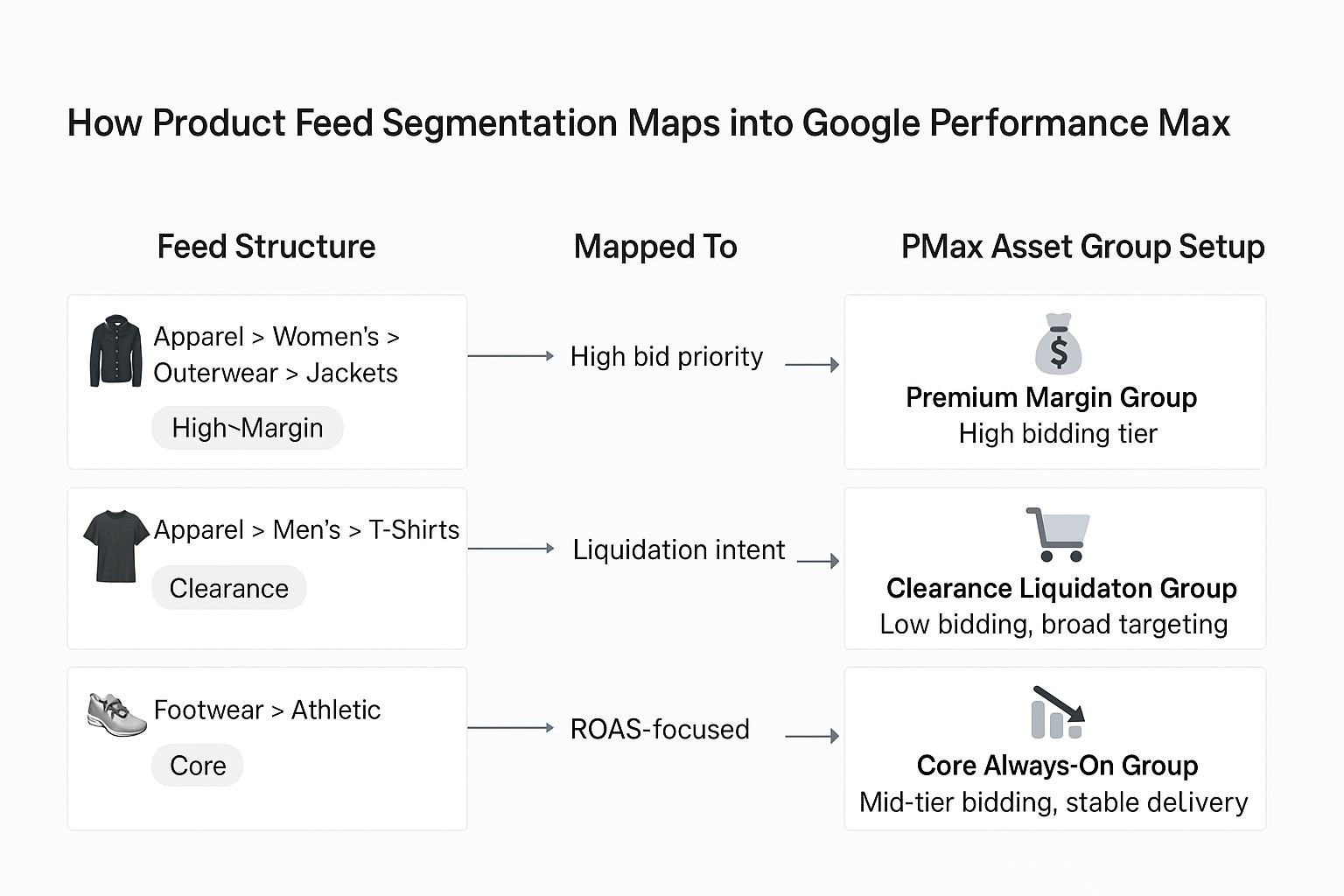 Segmented product feeds map directly to PMax asset groups, aligning bidding tiers with business goals like margin, liquidation, or stability.