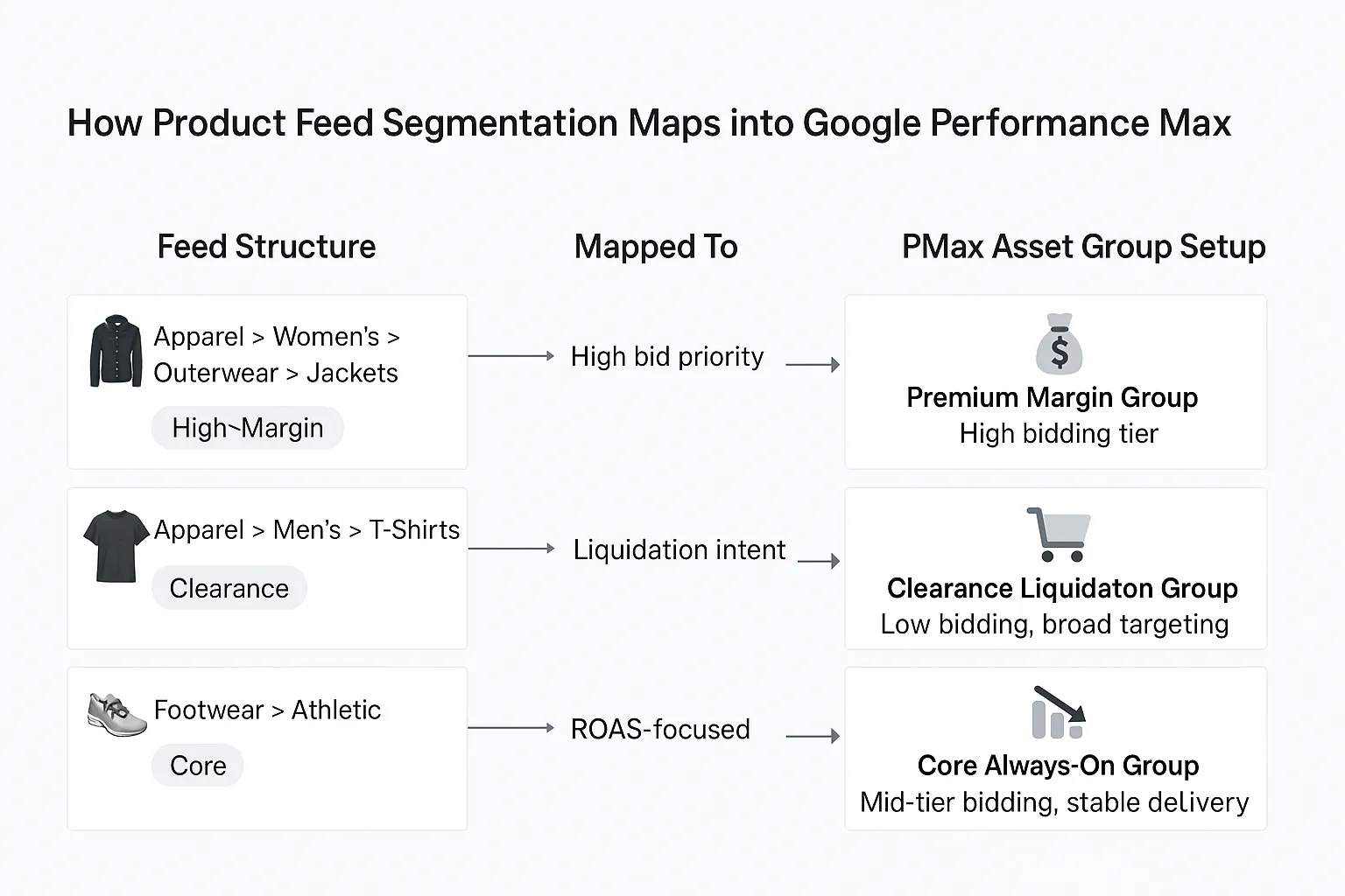 Segmented product feeds map directly to PMax asset groups, aligning bidding tiers with business goals like margin, liquidation, or stability.