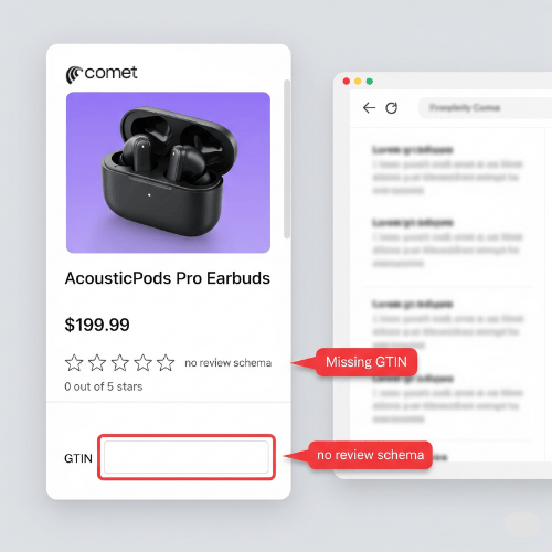 What a broken product card looks like in Comet: missing GTIN and review schema means zero trust signals—and zero visibility in AI-driven shopping.
