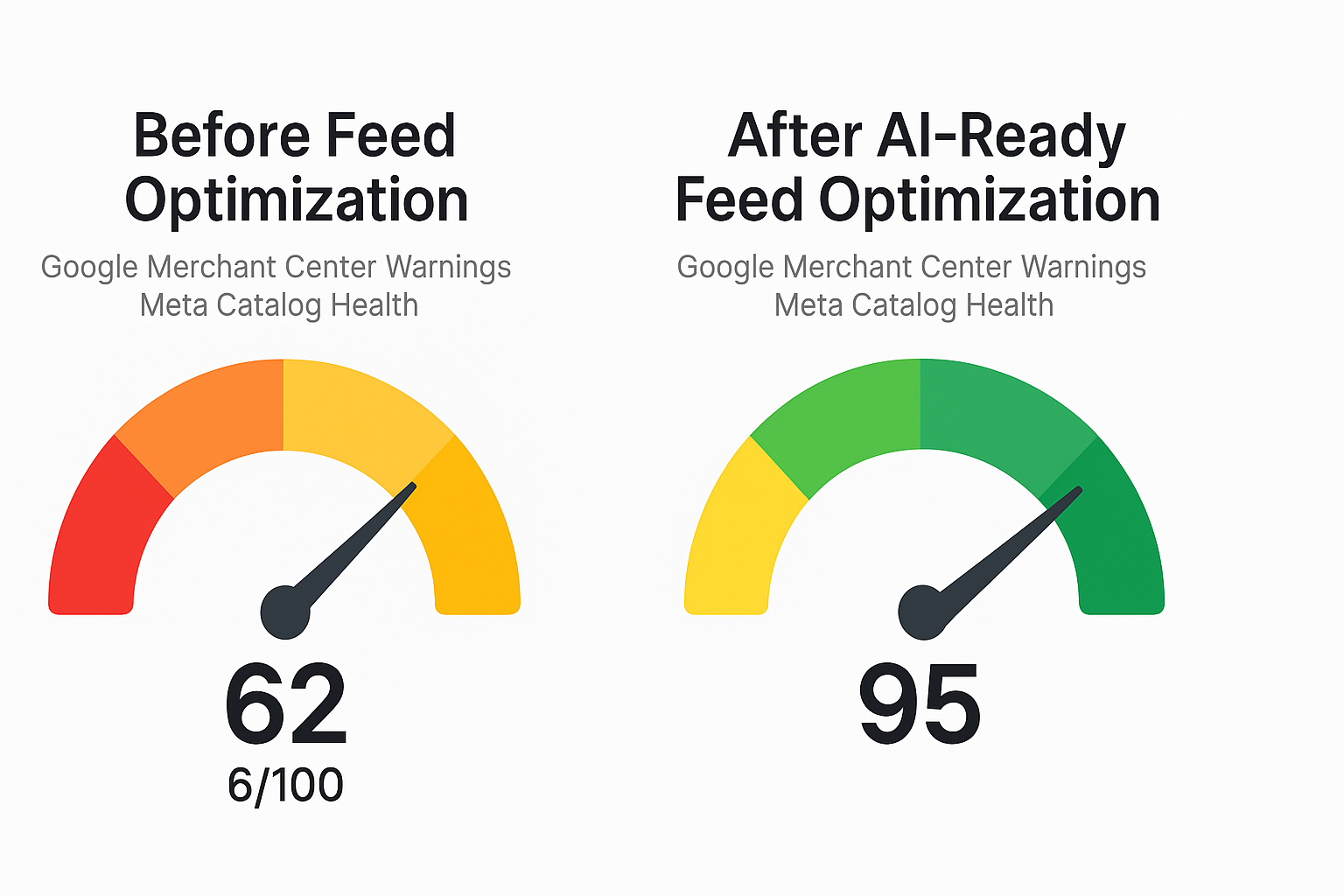 AI-ready feed optimization doesn’t just boost visibility—it cleans up Google Merchant Center warnings and sharpens Meta catalog health, fast.