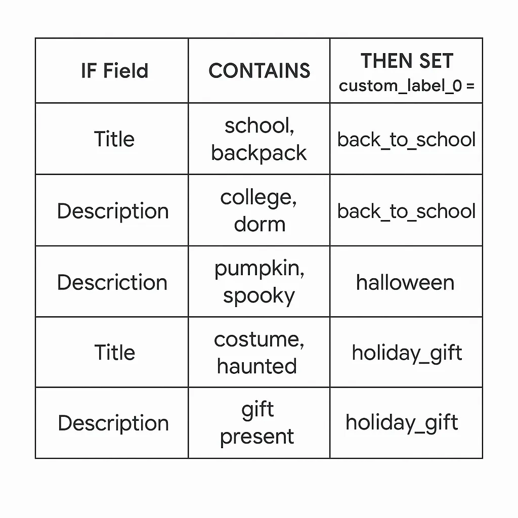GoDataFeed custom_label rule setup for seasonal campaigns—automatically tagging back-to-school, Halloween, and holiday gift products.