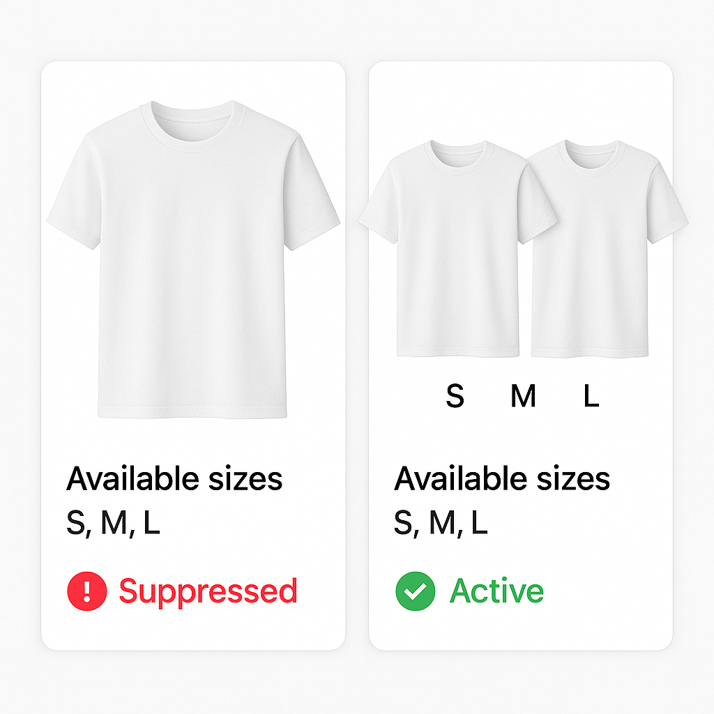 Example of Meta Commerce variant suppression—identical t-shirt variants flagged as suppressed vs unique variants marked active.