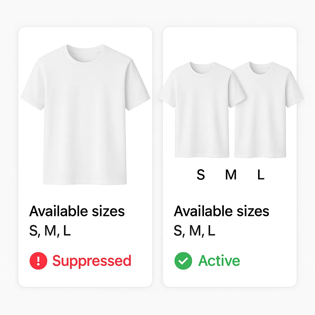 Example of Meta Commerce variant suppression—identical t-shirt variants flagged as suppressed vs unique variants marked active.