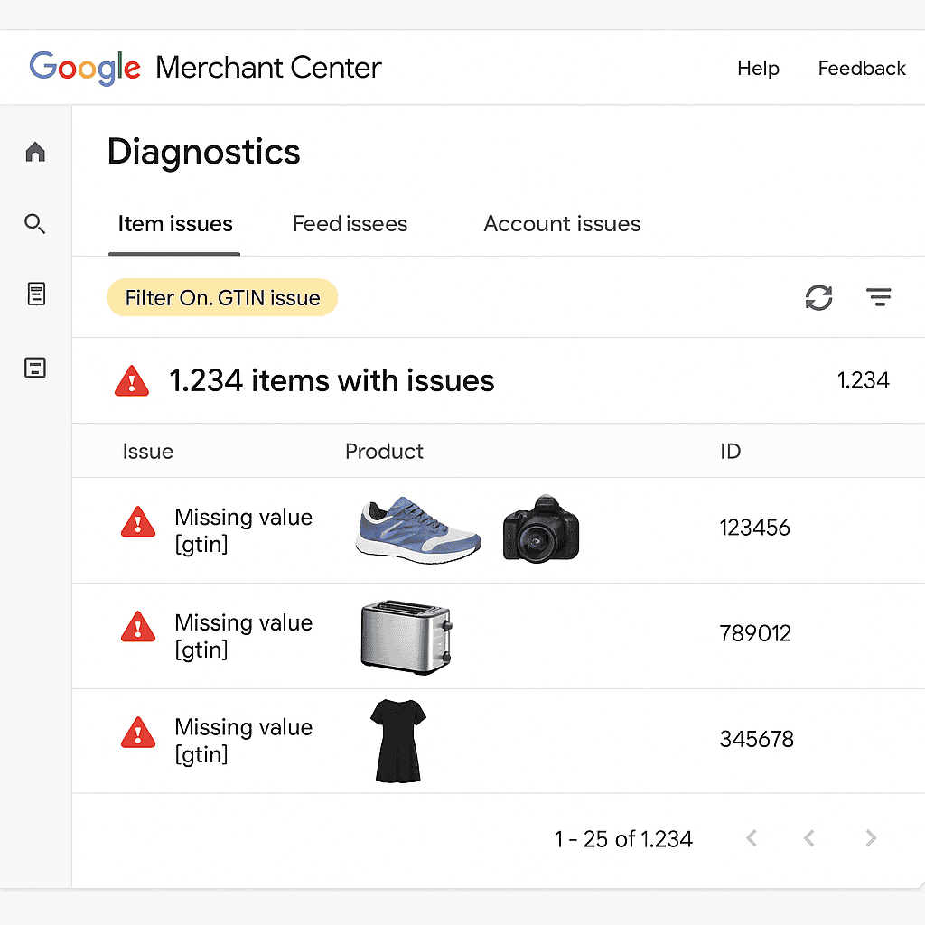 Google Merchant Center diagnostics highlighting GTIN issues—products missing identifiers flagged with warnings.