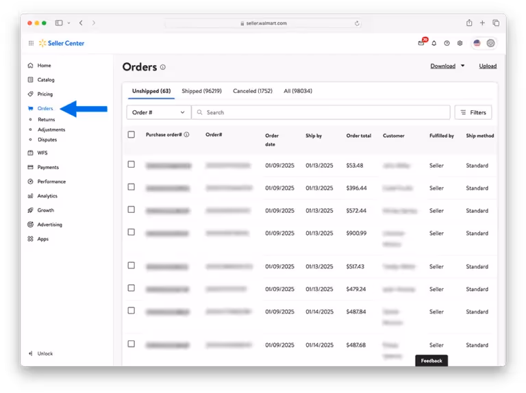 Walmart Seller Center dashboard