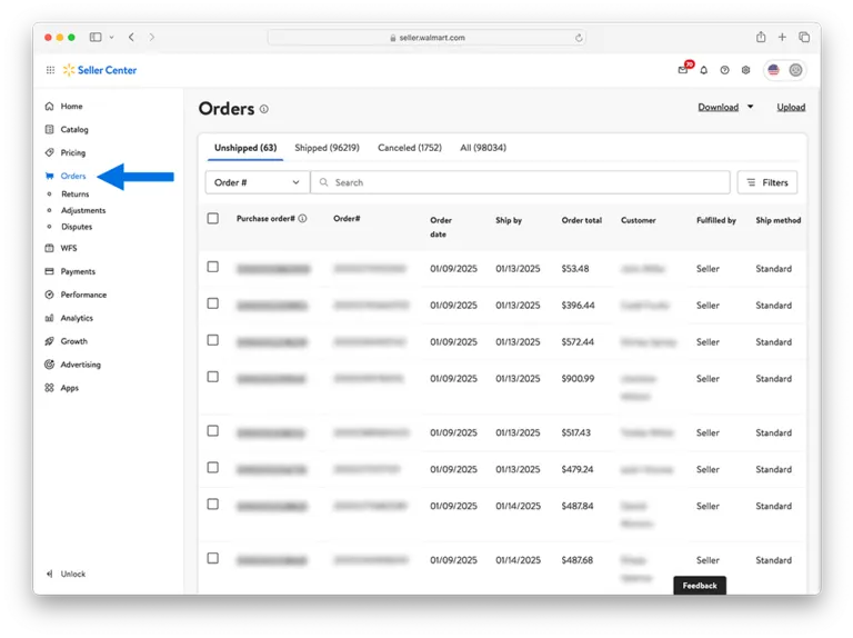 Walmart Seller Center dashboard