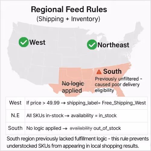 Regional feed rules fix shipping and inventory gaps that block local Shopping eligibility.