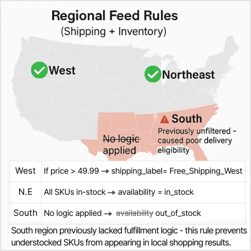 Regional feed rules fix shipping and inventory gaps that block local Shopping eligibility.