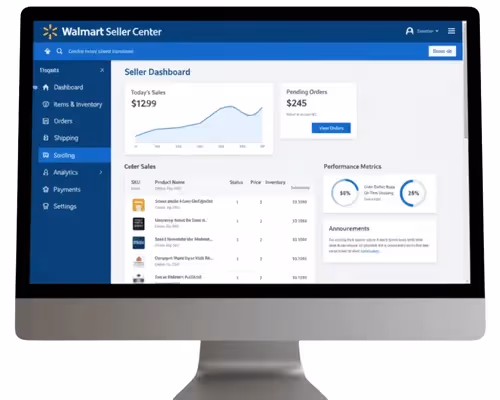 Walmart Seller Center dashboard showing sales performance and feed health metrics.