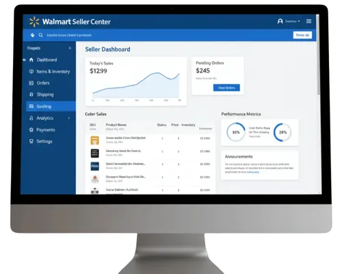 Walmart Seller Center dashboard showing sales performance and feed health metrics.