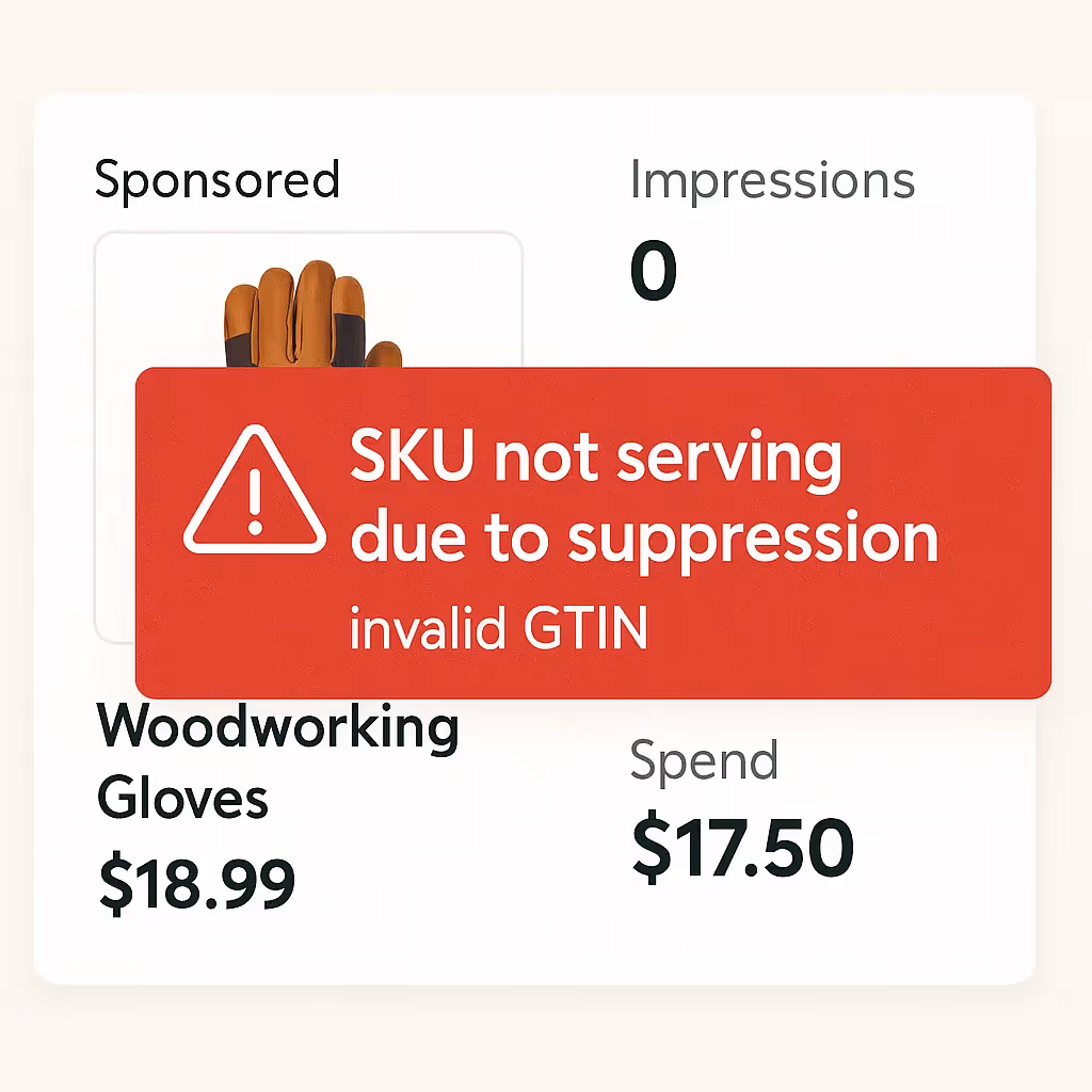 Ad spend wasted due to SKU suppression from invalid GTIN in product feed.
