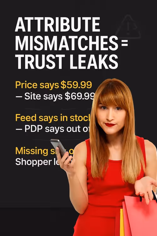Visual showing how product feed mismatches in price, availability, and size cause trust loss and shopper drop-off.