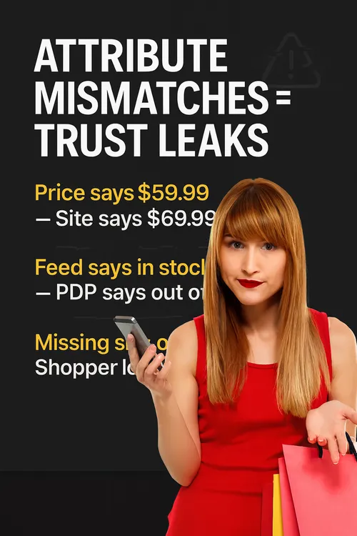 Visual showing how product feed mismatches in price, availability, and size cause trust loss and shopper drop-off.