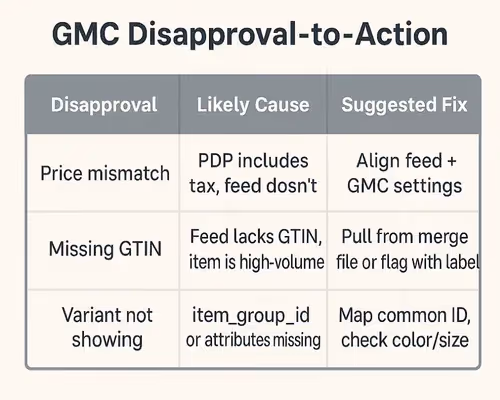 Quick reference: common disapprovals, causes, and how to fix them in your feed.