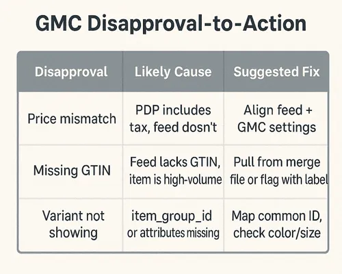 Quick reference: common disapprovals, causes, and how to fix them in your feed.