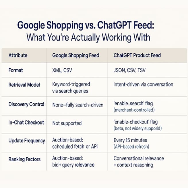 Google Shopping vs. ChatGPT product feeds: Key differences in format, control, and ranking logic.
