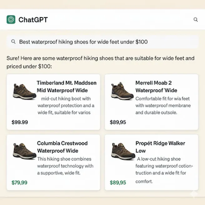 ChatGPT shopping example: Conversational queries yield context-matched, structured product results.