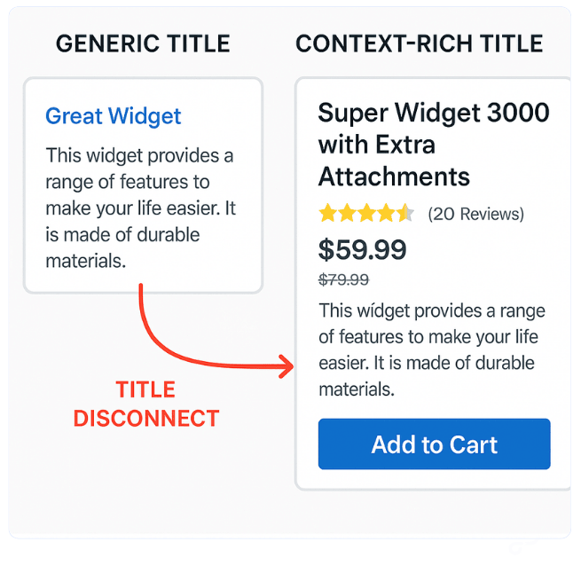 Misleading product titles break the ChatGPT click-to-conversion path.