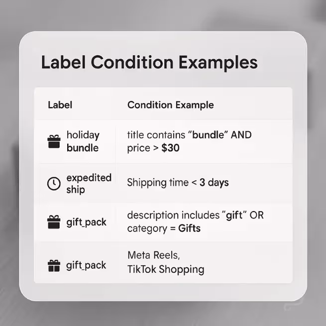 Example feed label conditions for seasonal targeting and delivery urgency.