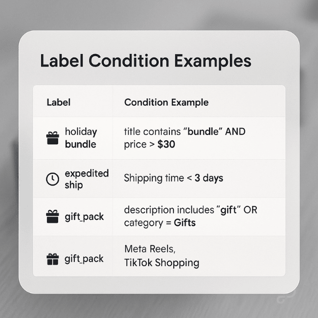 Example feed label conditions for seasonal targeting and delivery urgency.