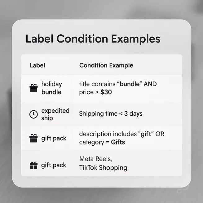 Example feed label conditions for seasonal targeting and delivery urgency.