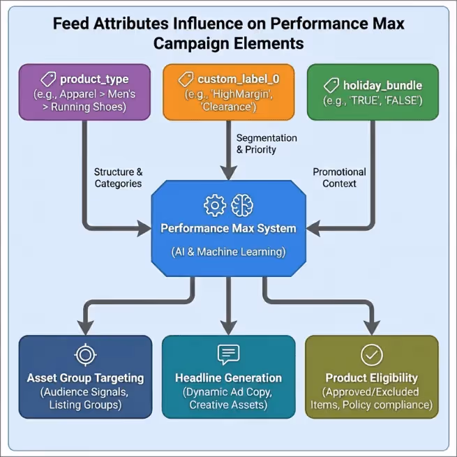 How product_type and custom_labels drive PMax targeting, headlines, and eligibility.