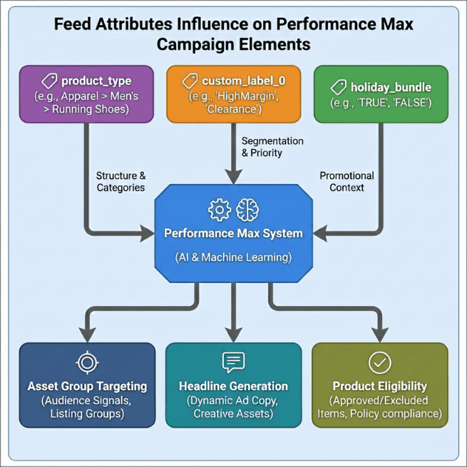 How product_type and custom_labels drive PMax targeting, headlines, and eligibility.