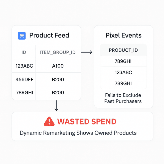 Diagram showing how mismatched product feed and pixel IDs cause wasted ad spend.