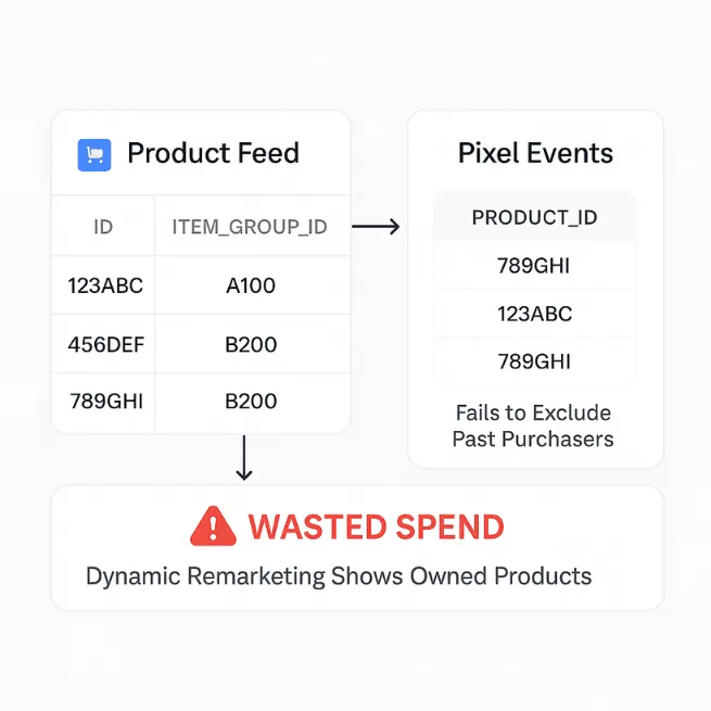 Diagram showing how mismatched product feed and pixel IDs cause wasted ad spend.