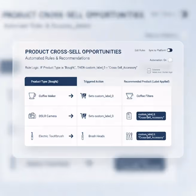Visual logic table showing feed-based cross-sell rules using custom_label_0 tags.