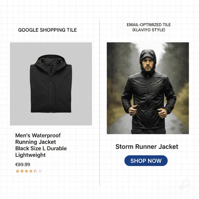 Side-by-side of a Google Shopping tile versus an email-optimized Klaviyo product tile.