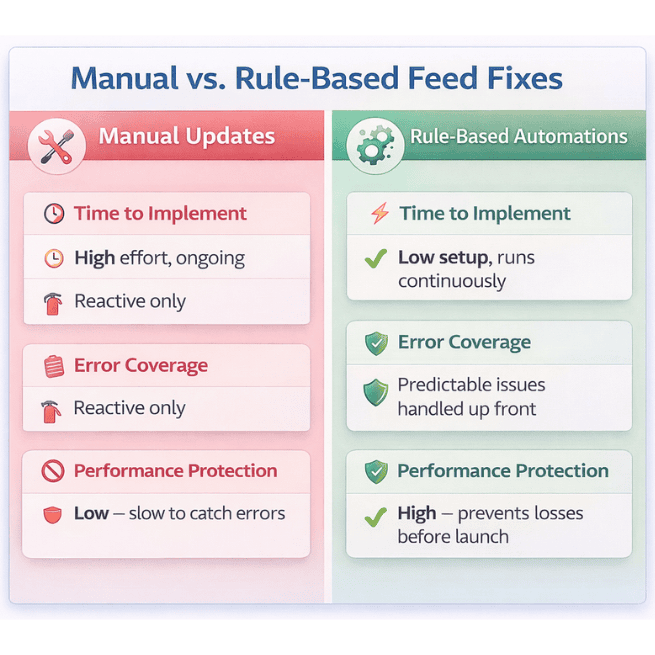 Comparative Table Manual vs. Rule-Based Feed Fixes.