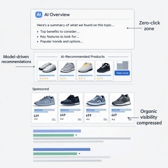 Diagram of AI Overview, model-driven product recommendations, sponsored ads, and compressed organic search visibility