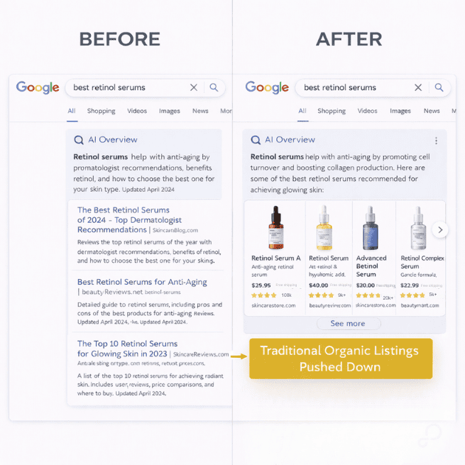 Google SERP mockup showing AI Overview and product carousel pushing traditional organic listings below the fold
