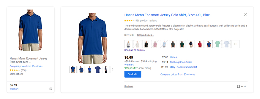 key product attributes visible on google shopping