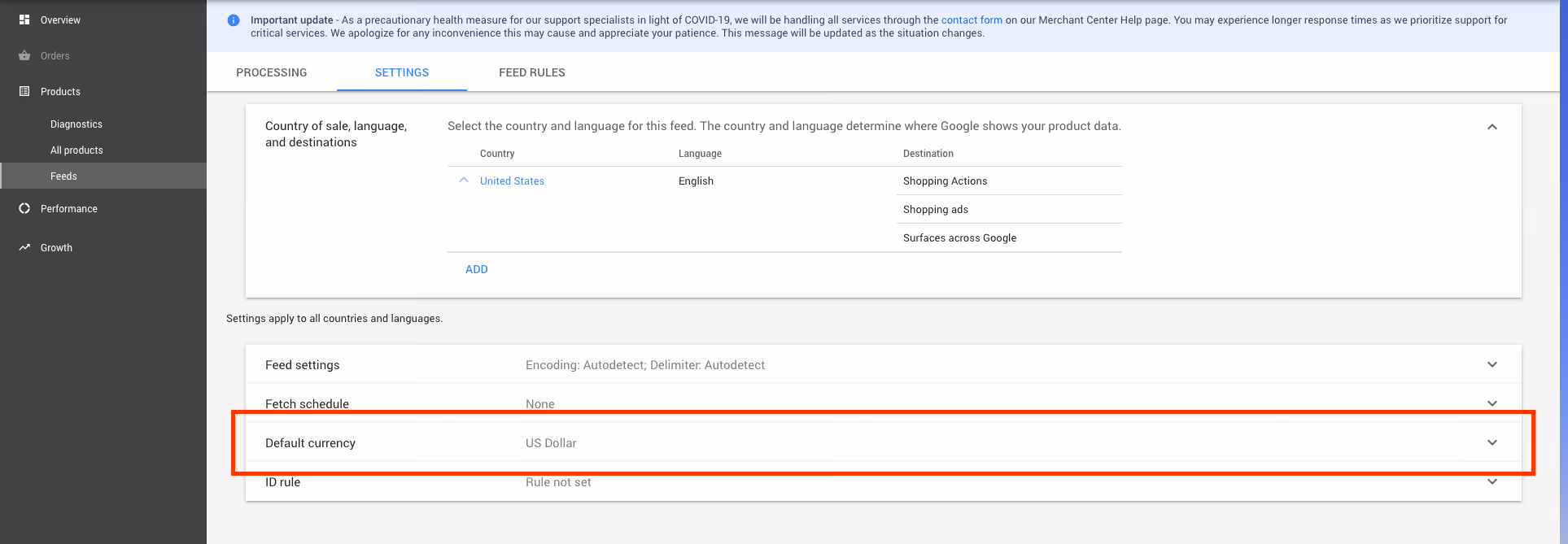 set your default currency google merchant center