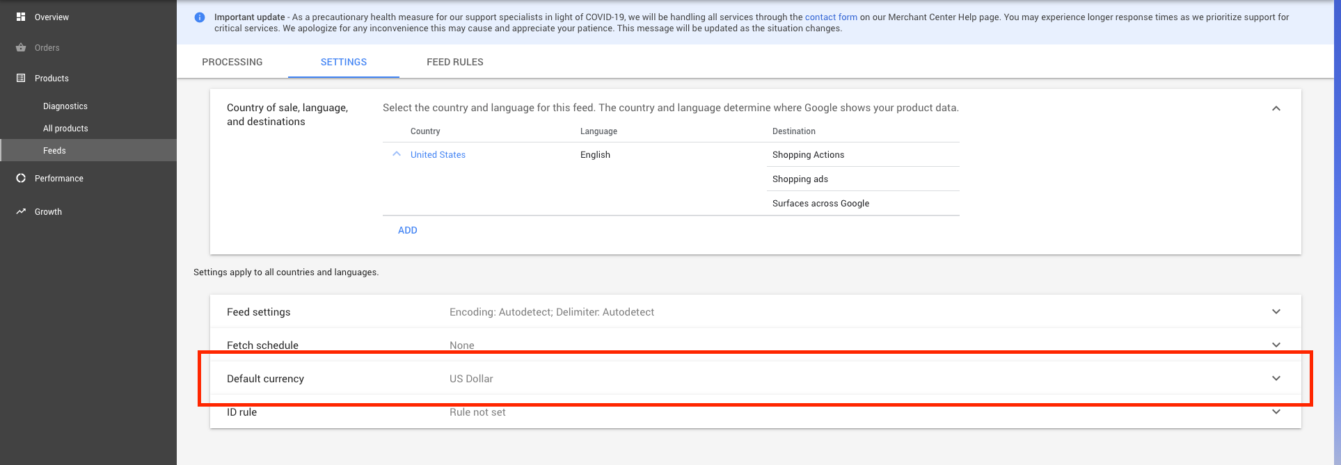 set your default currency google merchant center
