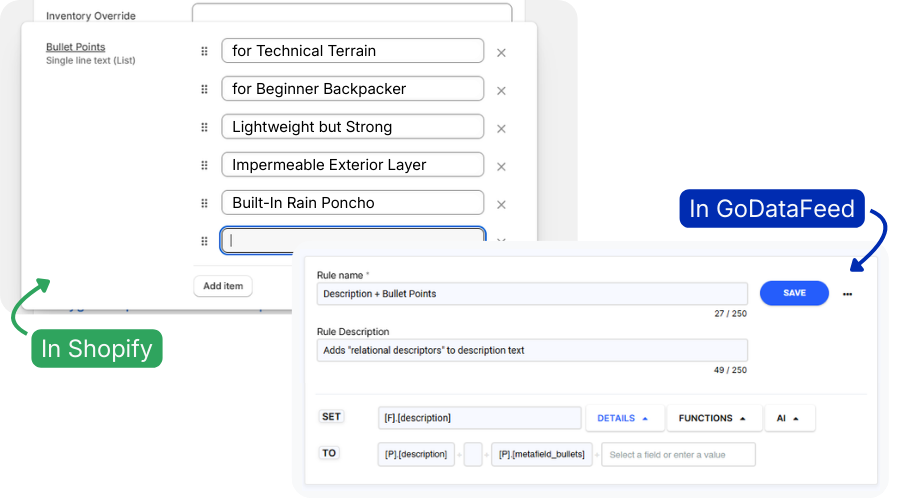Reddit Feed Example: Using GoDataFeed to pull bullet points with “relational descriptors” into the Description field.