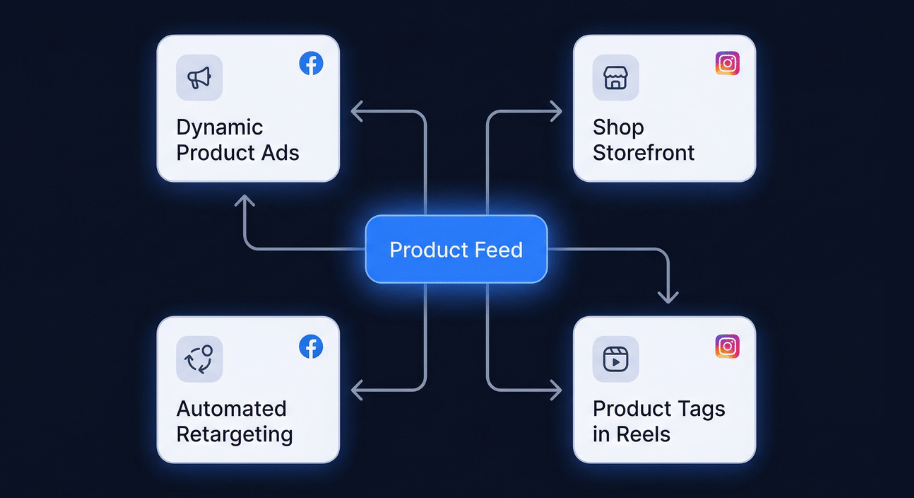 Meta product feed powering ads, storefronts, retargeting, and tags