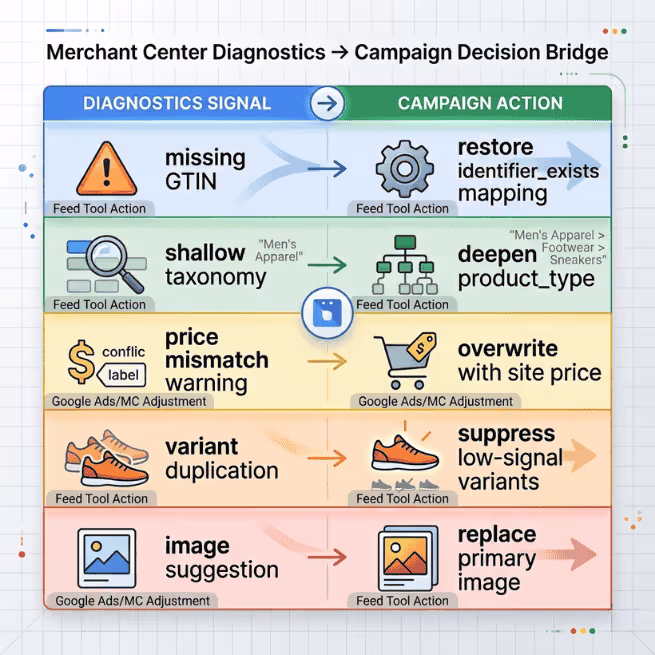 Merchant Center Diagnostics → Campaign Decision Bridge