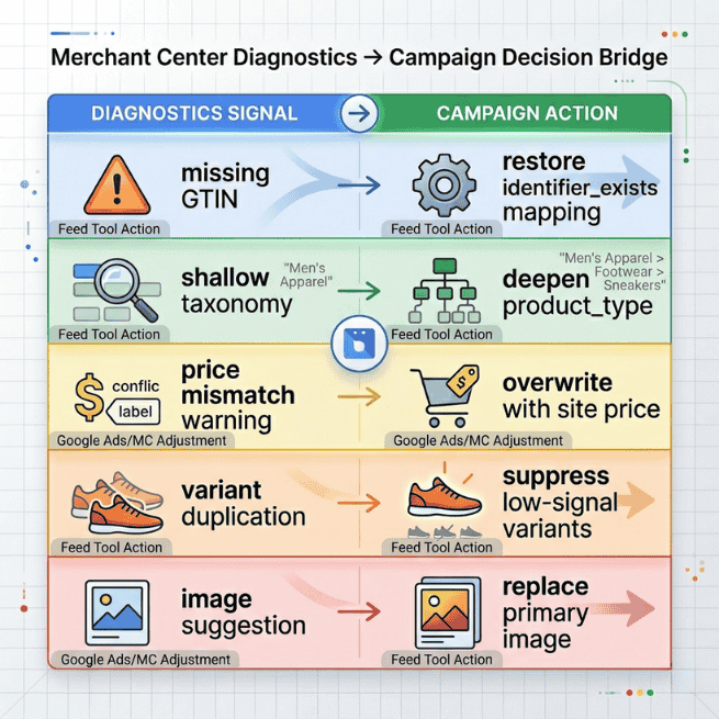 Merchant Center Diagnostics → Campaign Decision Bridge