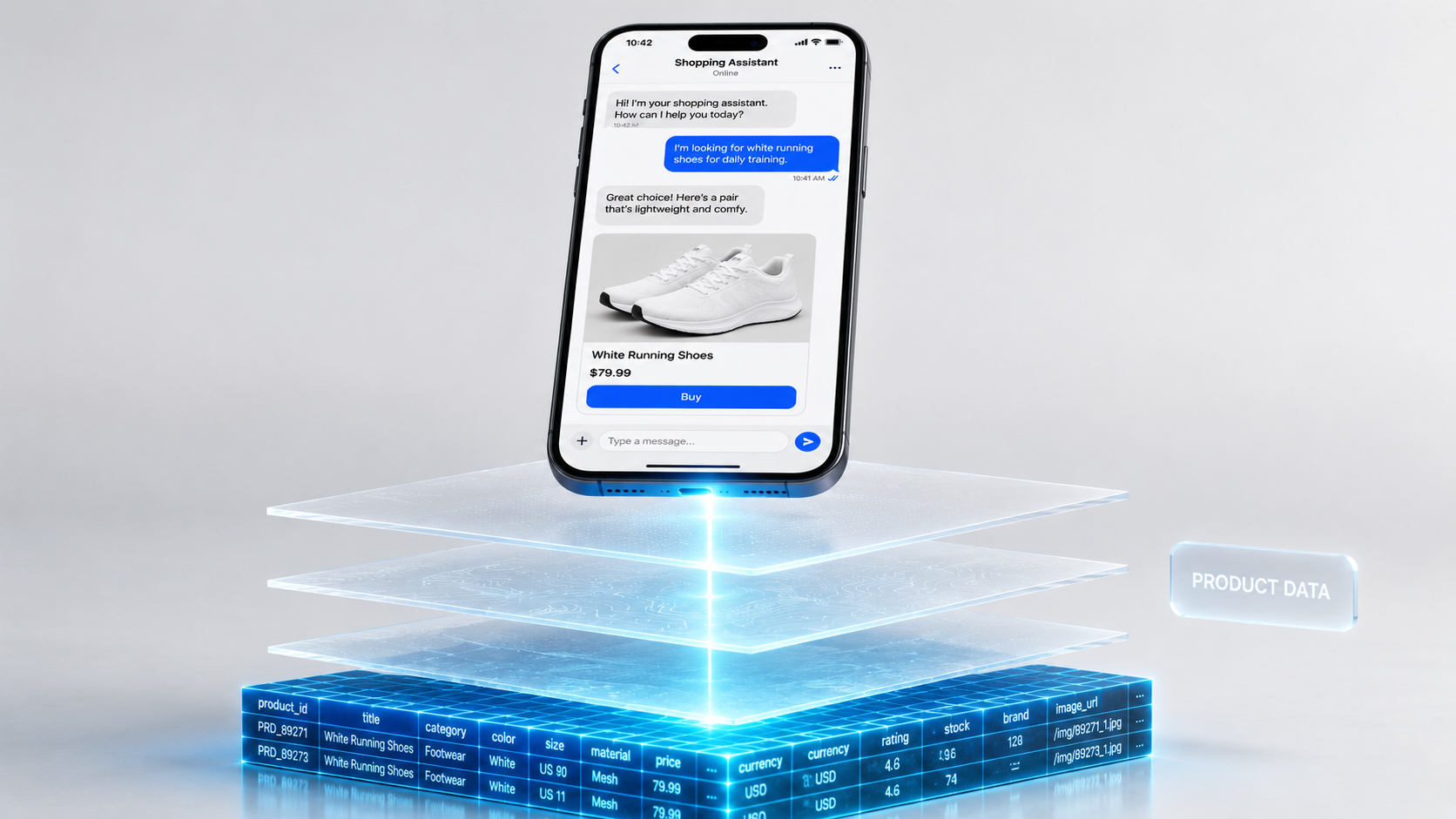 AI shopping assistant layered above structured product data, illustrating the foundation of agentic commerce protocols.