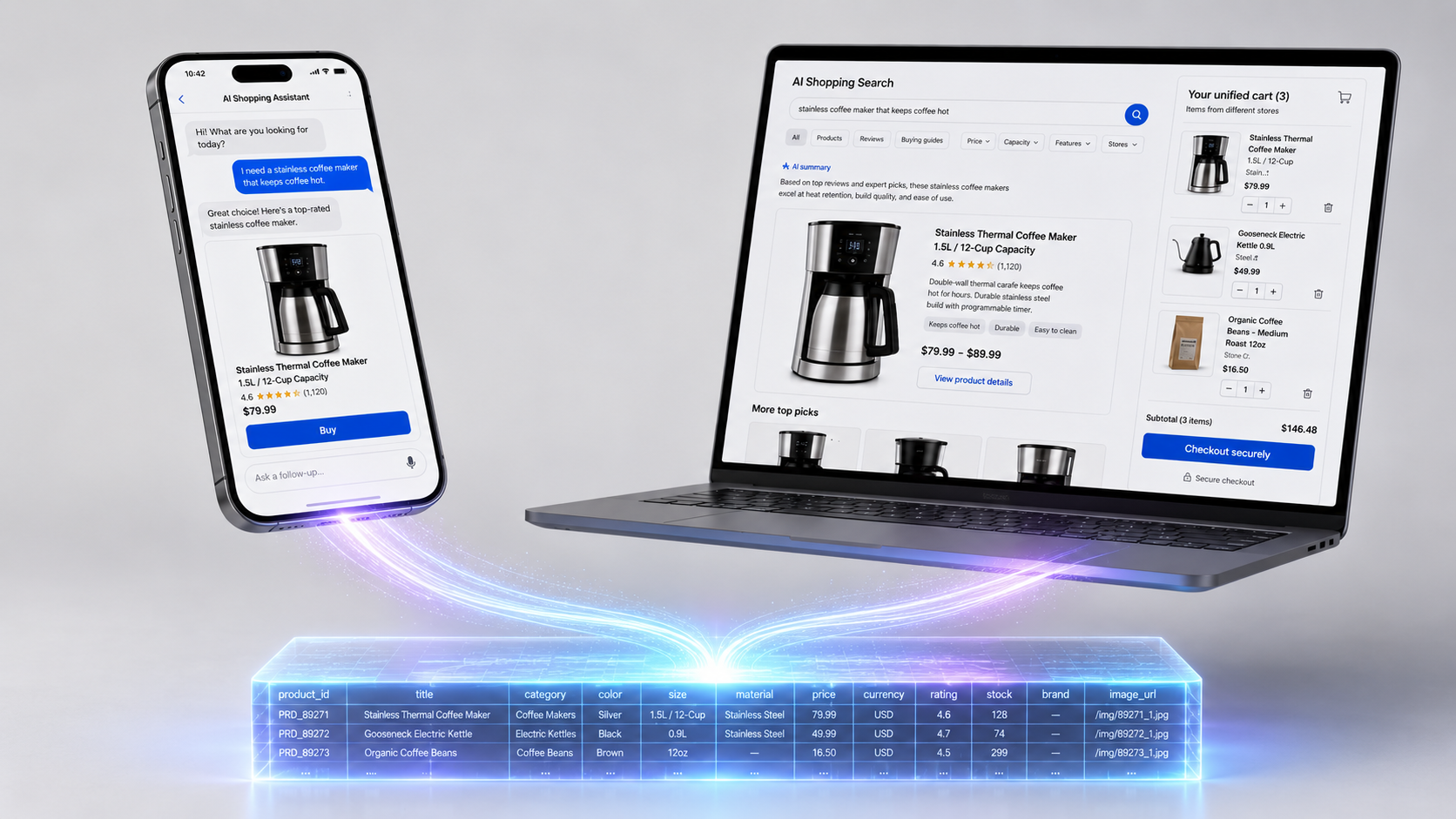 AI shopping interfaces connected to a shared product catalog for agentic checkout and commerce orchestration.